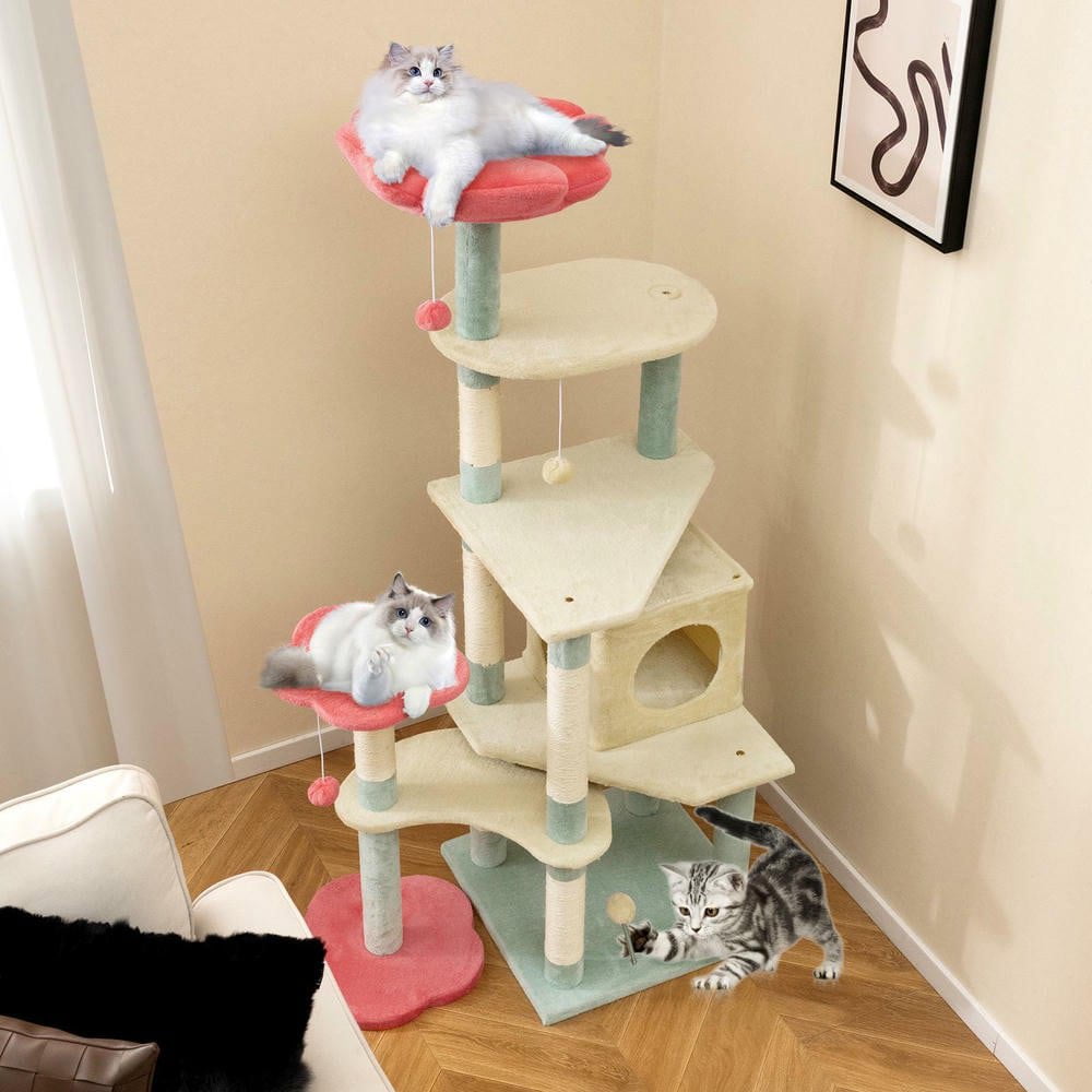 Resenkos 61-Inch Tall Floral Cat Tree Tower with Flower-Shaped Padded Perches, Multicolor