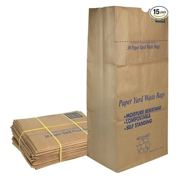 30 Gallon Lawn & Leaf 2-Ply Heavy-Duty Yard Waste Compost Refuse Paper Bags, Eco-Friendly, Tear Resistant, Self Standing, Biodegredable, Made in USA, 15 Count