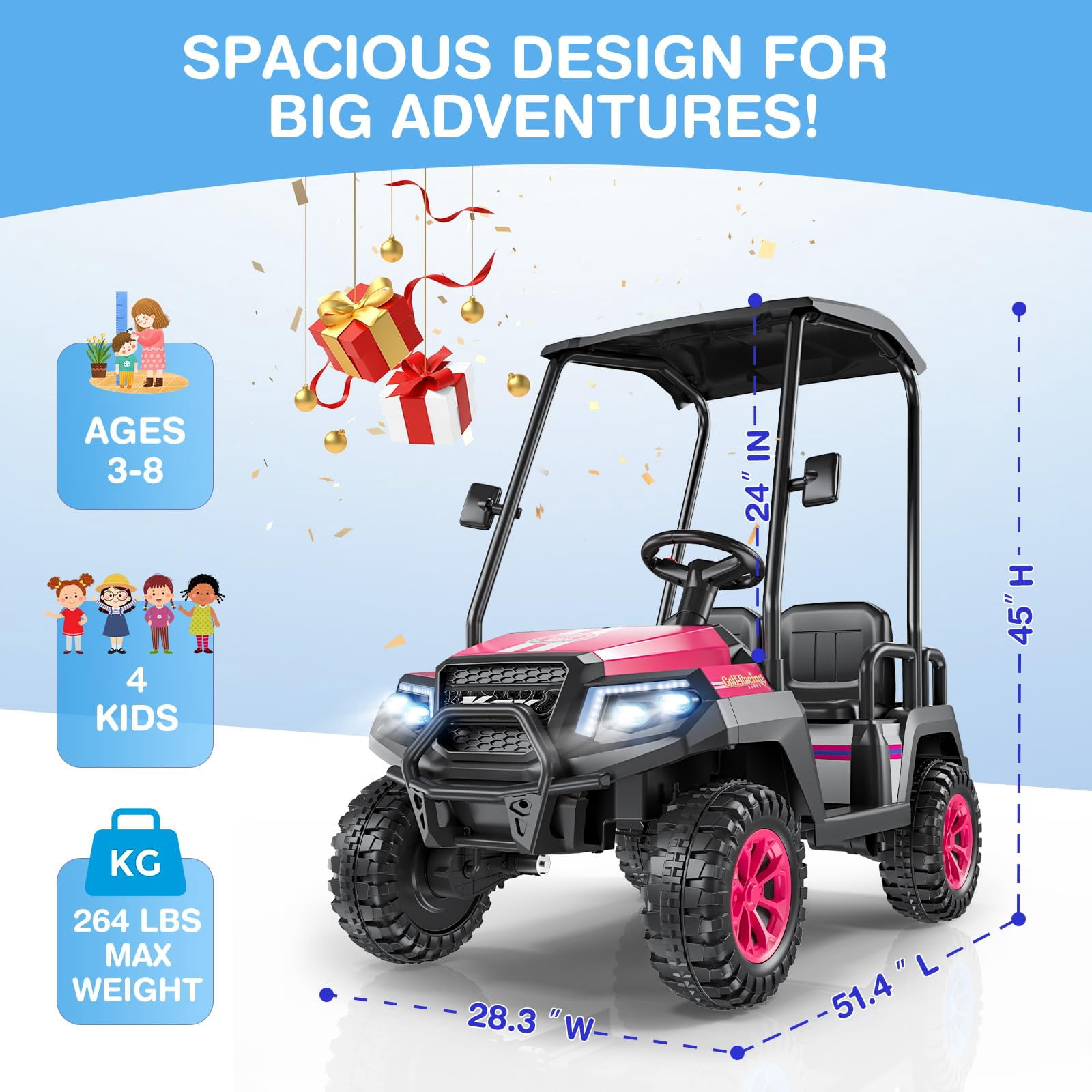 24V 4-Seater Kids Electric Golf Cart, 4WD Ride-On Car with Remote, Awning, Suspension & Music Features