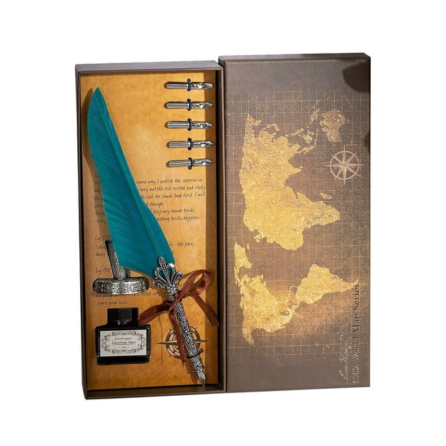 RKSTN Quill Quill Retro Map Quill Pen Gift Box Carved Base Pen Set A Office Supplies