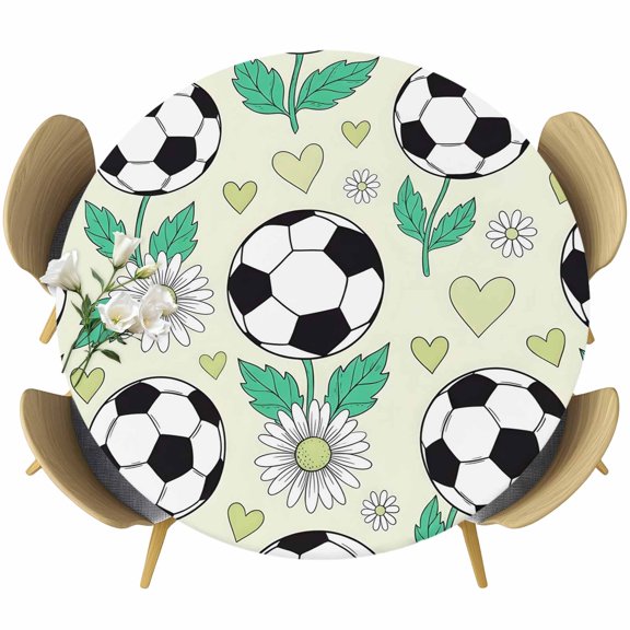 Green Footballs Round Tablecloth 45-54 Inch Round Fitted Table Cloth with Elastic Edge, Pastoral Daisy Love Heart Balls Sports Game Waterproof Table Cover Protector for Outdoor Picnic Party Dining