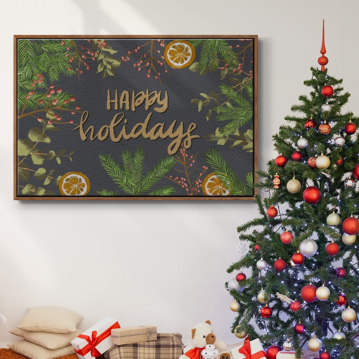 Holiday Sentiment II - Framed Gallery Wrapped Holiday Canvas - 27 x 41 - Rosewood Frame