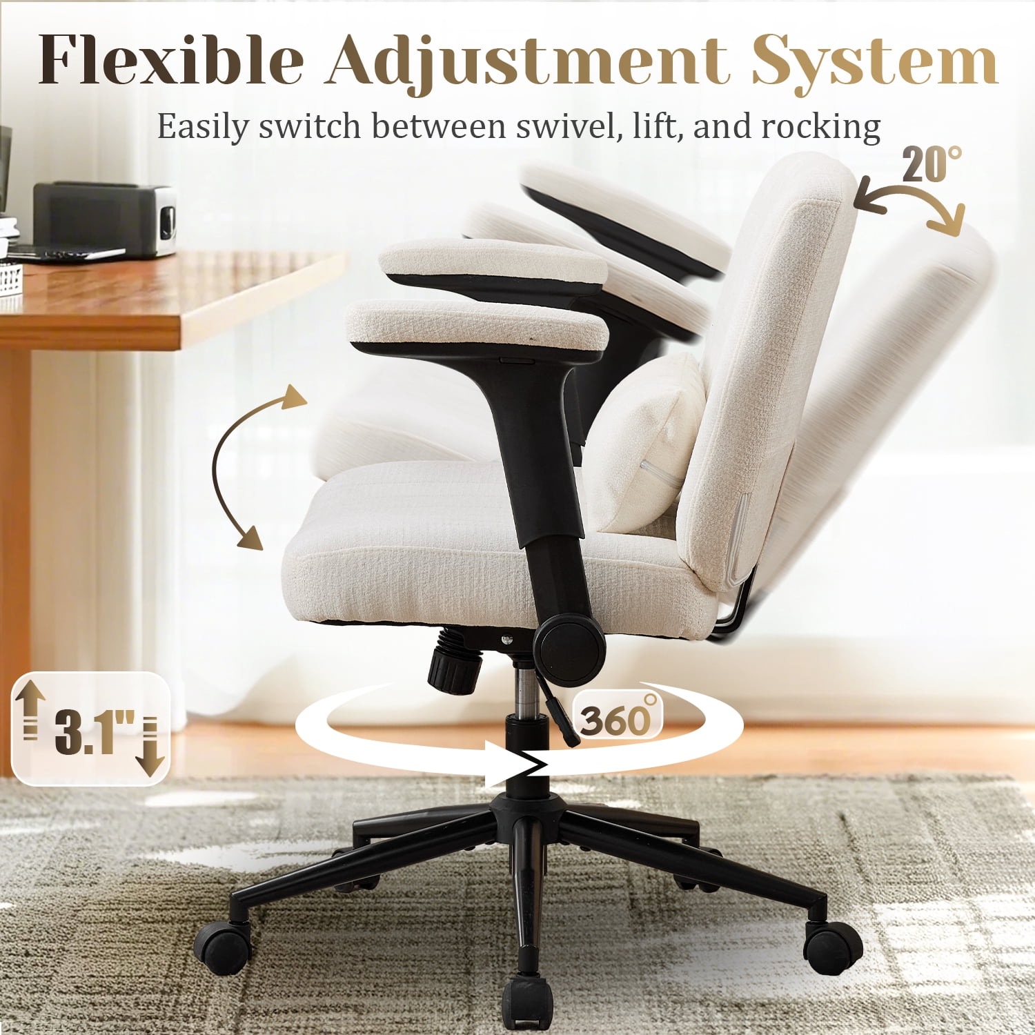 IPKIG Ergonomic Office Chair with Wheels and Flip-Up Arms, Wide Seat Swivel Desk Chair for Home Office, Computer, Vanity, Chenille Beige