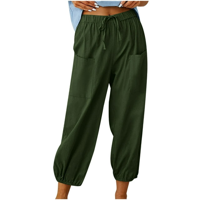 VEKDONE Womens Cotton Linen Long Pants Army Green S