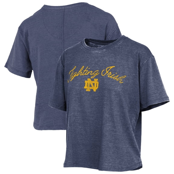 Women's Pressbox Navy Notre Dame Fighting Irish Vintage Waist Length Script Over Logo T-Shirt