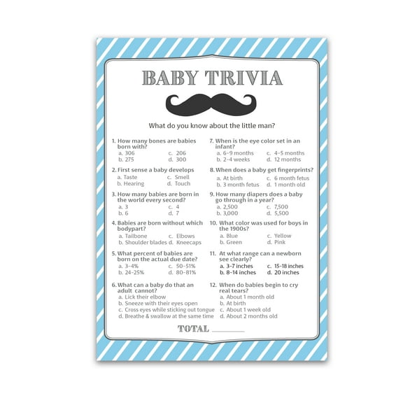 MUSTACHE Baby Shower Game — BABY TRIVIA Games — Pack of 25 — Fun Baby Facts Games, BABY BOY Trivia Baby Shower Activity, Blue, Little Man is on the way Theme Baby Shower Games G855-TRV