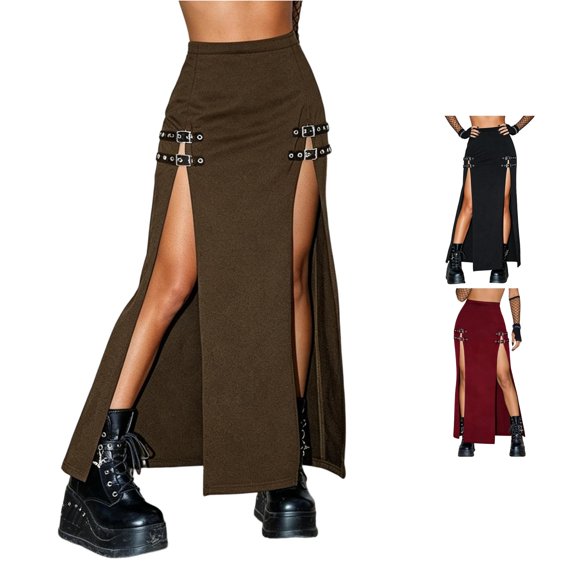 Unir Women Symmetrical Dual Side Metal Buckle Tall Slit Straight Maxi Skirt Fitted High Waist Twill Gothic Punk Cosplay Party Casual Long Bottom 1PC S-XXL Plus Size Friendly