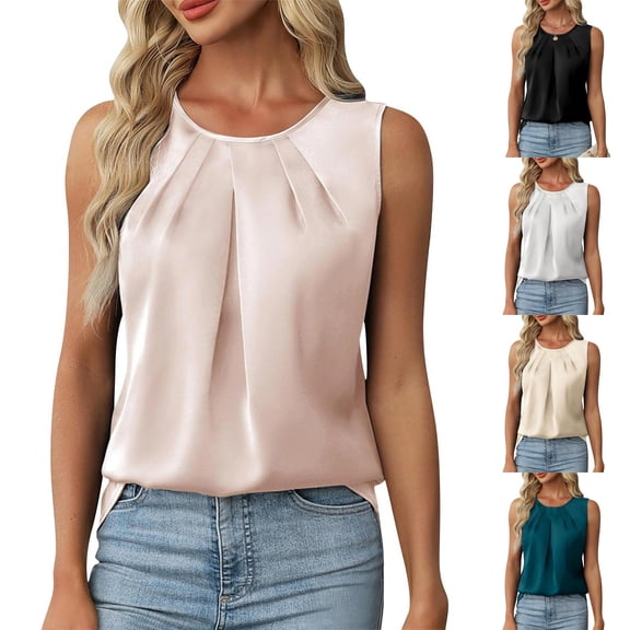 APEXFWDT Work Tops for Women Sleeveless Business Casual Outfits Satin Dressy Blouse Summer Office Top