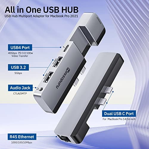 USB C for Macbook Pro 14 16 inch, Minisopuru USB Hub Multiport Adapter for Macbook Pro 2021, Macbook Docking Station Macbook Pro Accessories Support with USB4 40Gbps, USB 3.2 hub,100W PD,