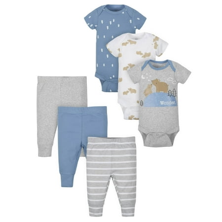 Wonder Nation Short Sleeve Bodysuits and Pants Outfit Set, 6pc (Baby Boys)