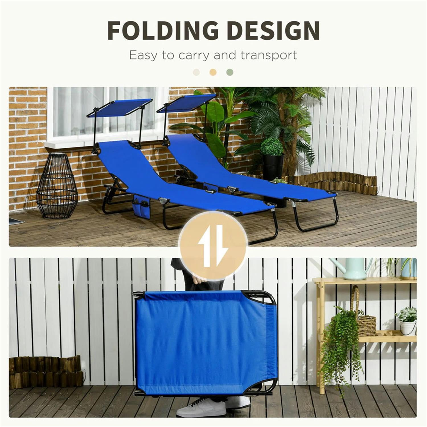Demi Bonn Folding Pool Chaise Lounge Chairs Set of 2 with Sunshade, Reclining Back, Durable Steel Frame Relaxation, Weatherproof Outdoor Patio Seating, Blue