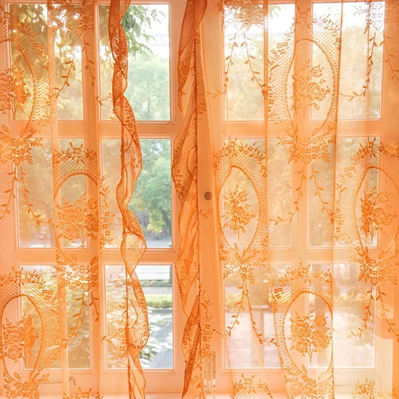 AUQ Orange Lace Curtains Set of 2,Boho Sheer Panels 63 Inch Length Floral Embroidery Vintage Ruffled Window Treatment Pair for Bedroom Living Room,Shabby Chic Decor Rod Pocket,W57 X L63