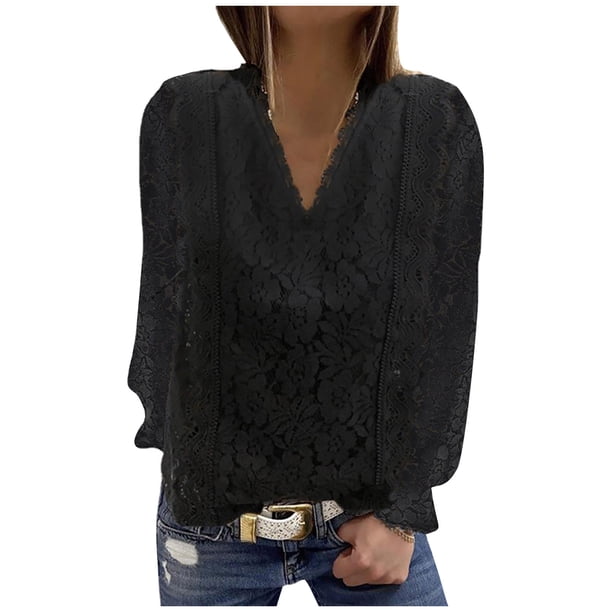Mujeres Casual Sólido Escote en V Encaje Ahueca hacia fuera Jersey de manga larga Blusa adelgazante Camiseta Tops Fridja hkj3749