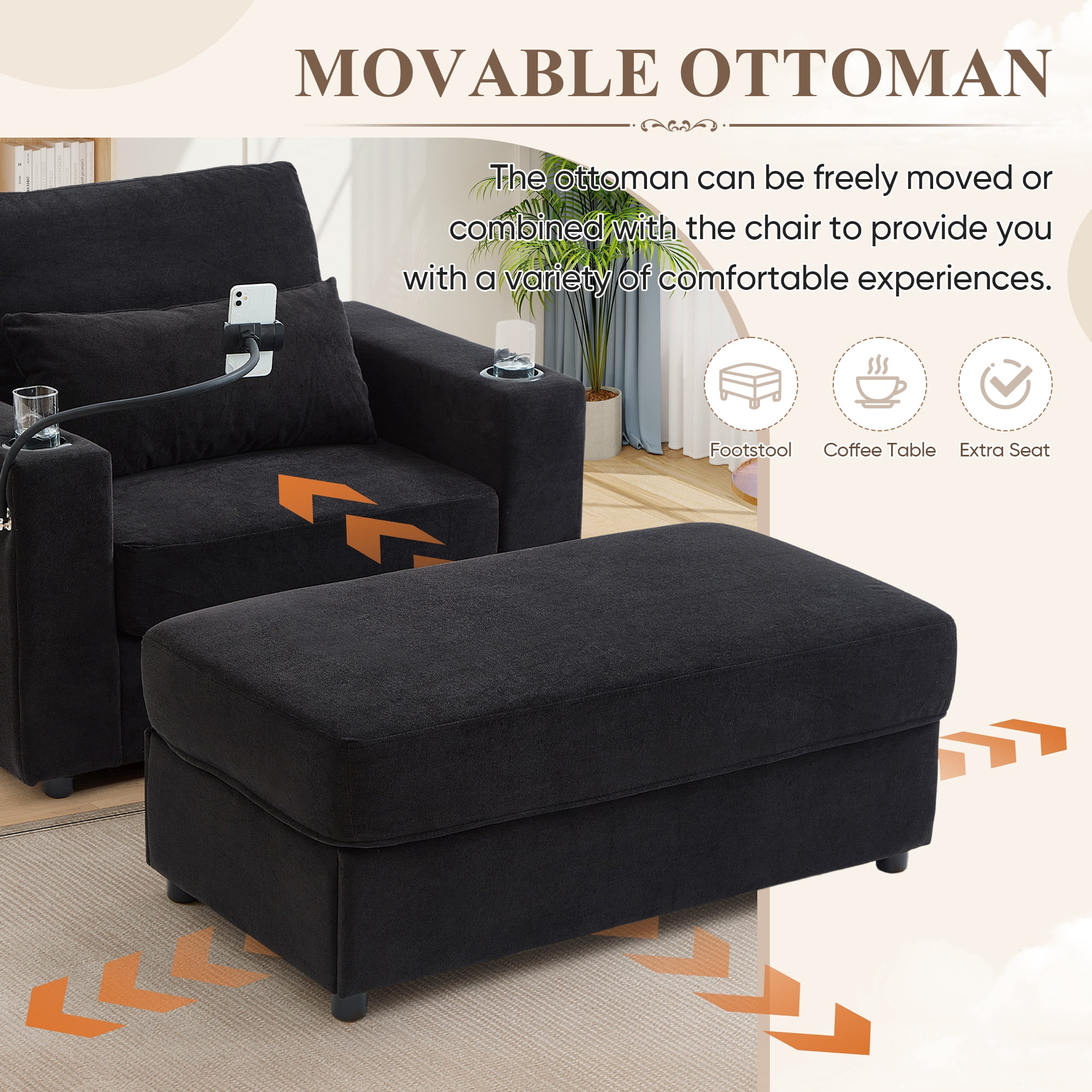 Lunale Accent Chair with Ottoman, Indoor Lounge Chair with USB & Storage, Modern Upholstered Sofa Armchair for Living Room, Bedroom, Apt., Black Chenille