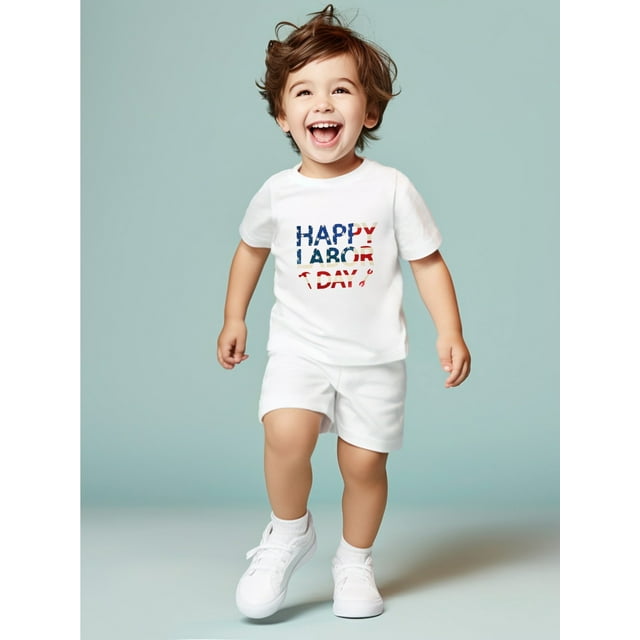 PARTY LABOR Pattern Cotton Short Sleeve T-shirt Boy's Summer Outdoor Sports Outfit tee top