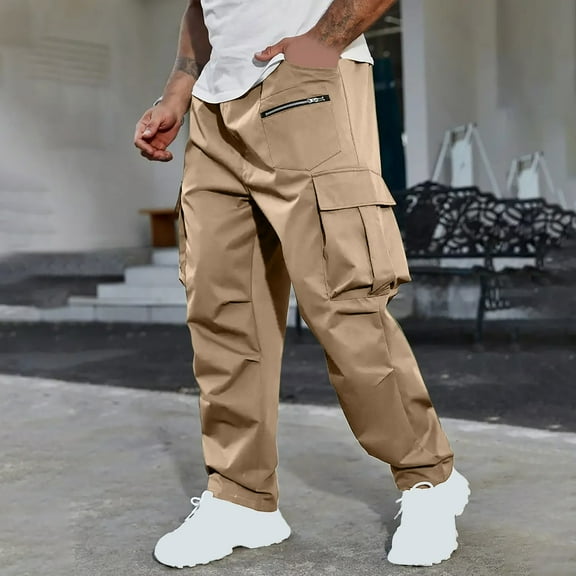UVEASISHA Jogging Cargo Pants for Men Multi Pockets Drawstring Joggers Sweat Pants Relaxed Fit Sport Work Pants Khaki M