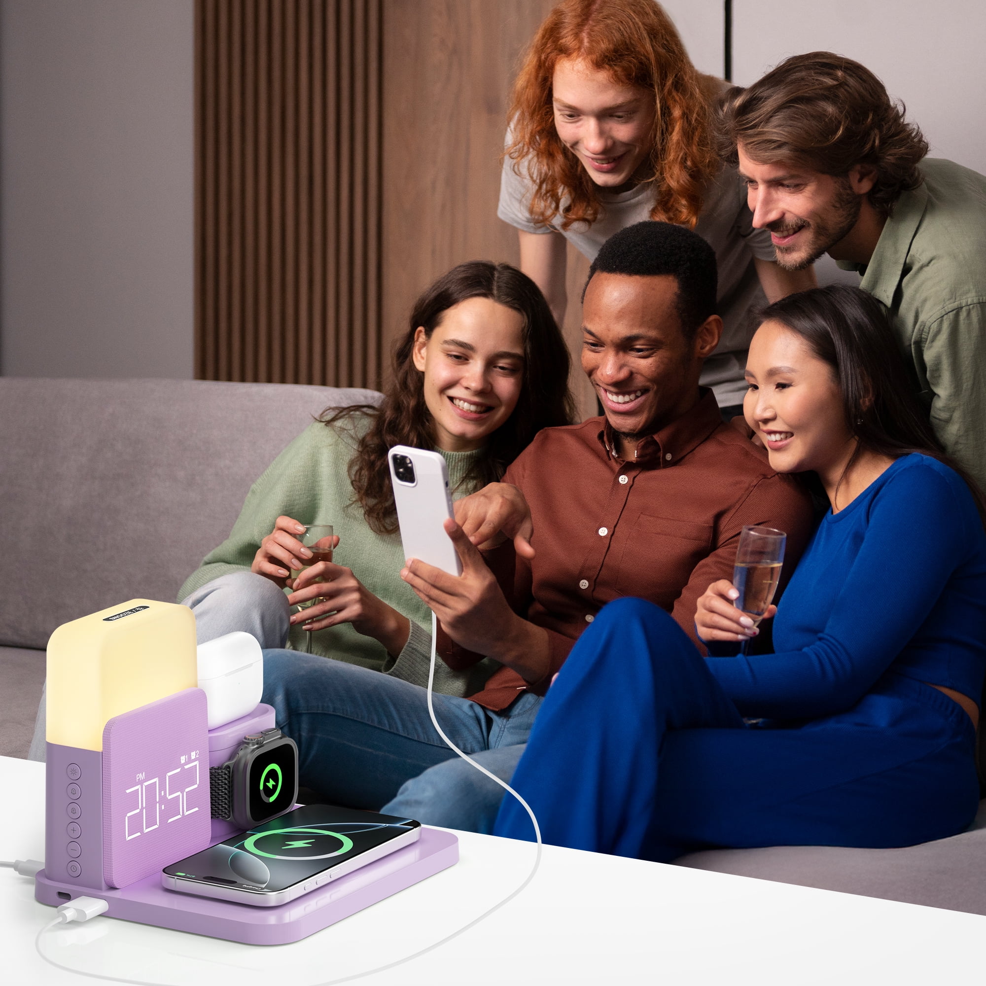 Wireless Charging Station 7 in 1 Compatible for iPhone 17/16/15/14/13/12 Pro Max, Apple Watch & AirPods with Alarm Clock, Night Light Purple