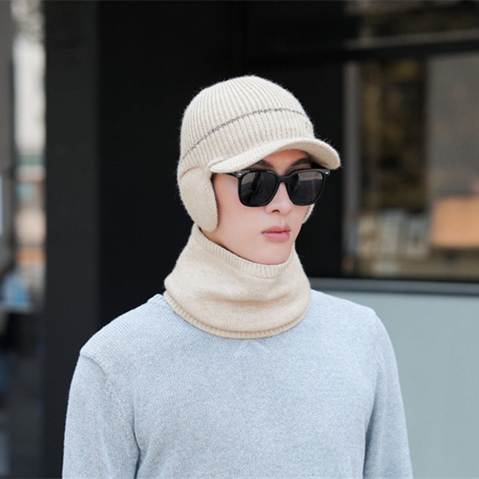 Wide Brim Letter Print Ribbed Baseball Cap Men Ear Protection Winter  Knitted Hat Costume Accessories