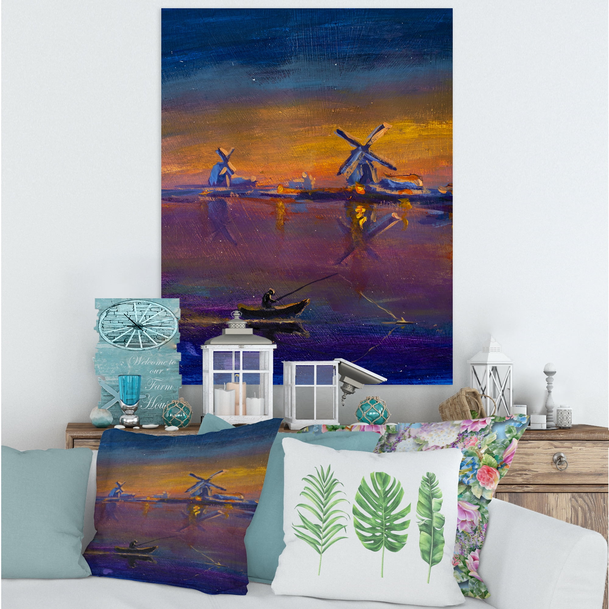 Evening Fishing Near The Traditional Windmill 8 in x 12 in Painting Canvas Art Print, by Designart