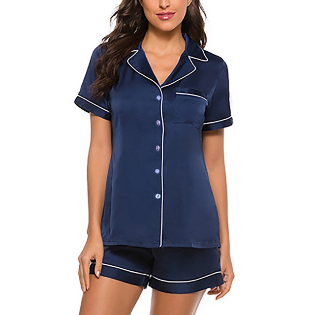 Conjunto De Pijamas Para Mujer, Ropa De Dormir De Manga Corta, Cuello De Muesca, Transpirable, Ligero, Regalo De Cumpleaños, Bolsillo En El Pecho Para El Hogar, Dormitorio, Sala