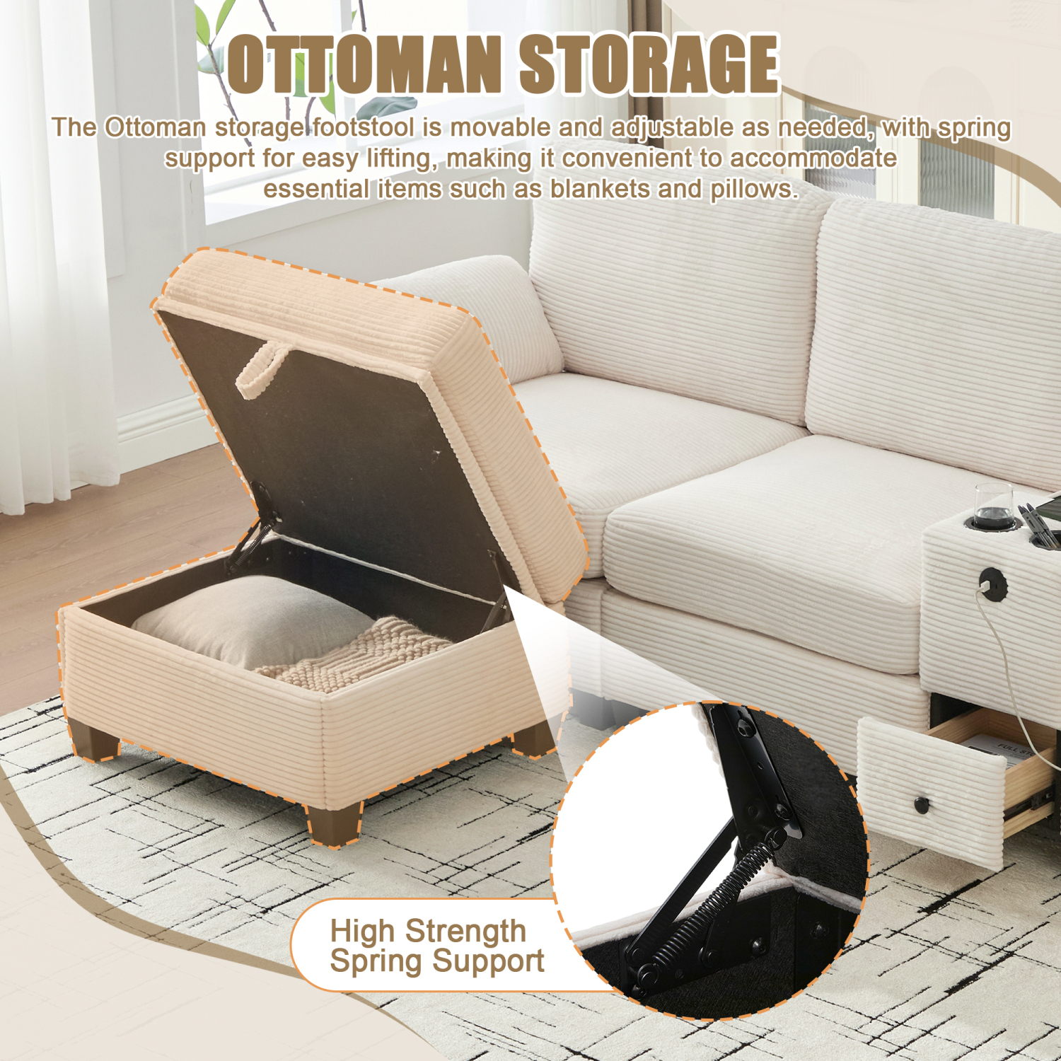 Leumius L-Shaped Sectional Sofa for Living Room,105" Modular 4-Seater Upholstered Sofa Couch with Cup Holder/USB Interface/Storage Box,Beige