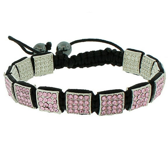 Fashion Alloy Pink CZ Black Cord Macrame Beaded Square Adjustable Bracelet