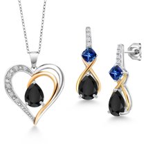 Gem Stone King 925 Sterling Silver and 10K Yellow Gold Black Onyx Blue Created Sapphire and White Lab Grown Diamond Pendant Necklace Earrings Set for Women (4.03 Cttw, with 18 inch Chain)