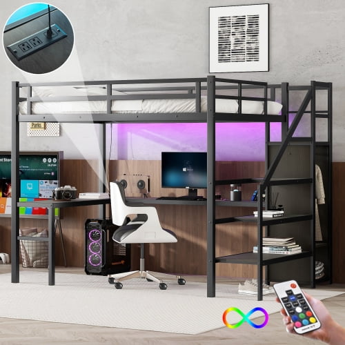 Full XL Size Loft Bed with Desk and Stairs,Metal Gaming Loft Bed with Wardrobe and Adjustable Shelf,High Loft Bed with LED & USB Charging Station for Teens, Adults, Space Saving Design,Black