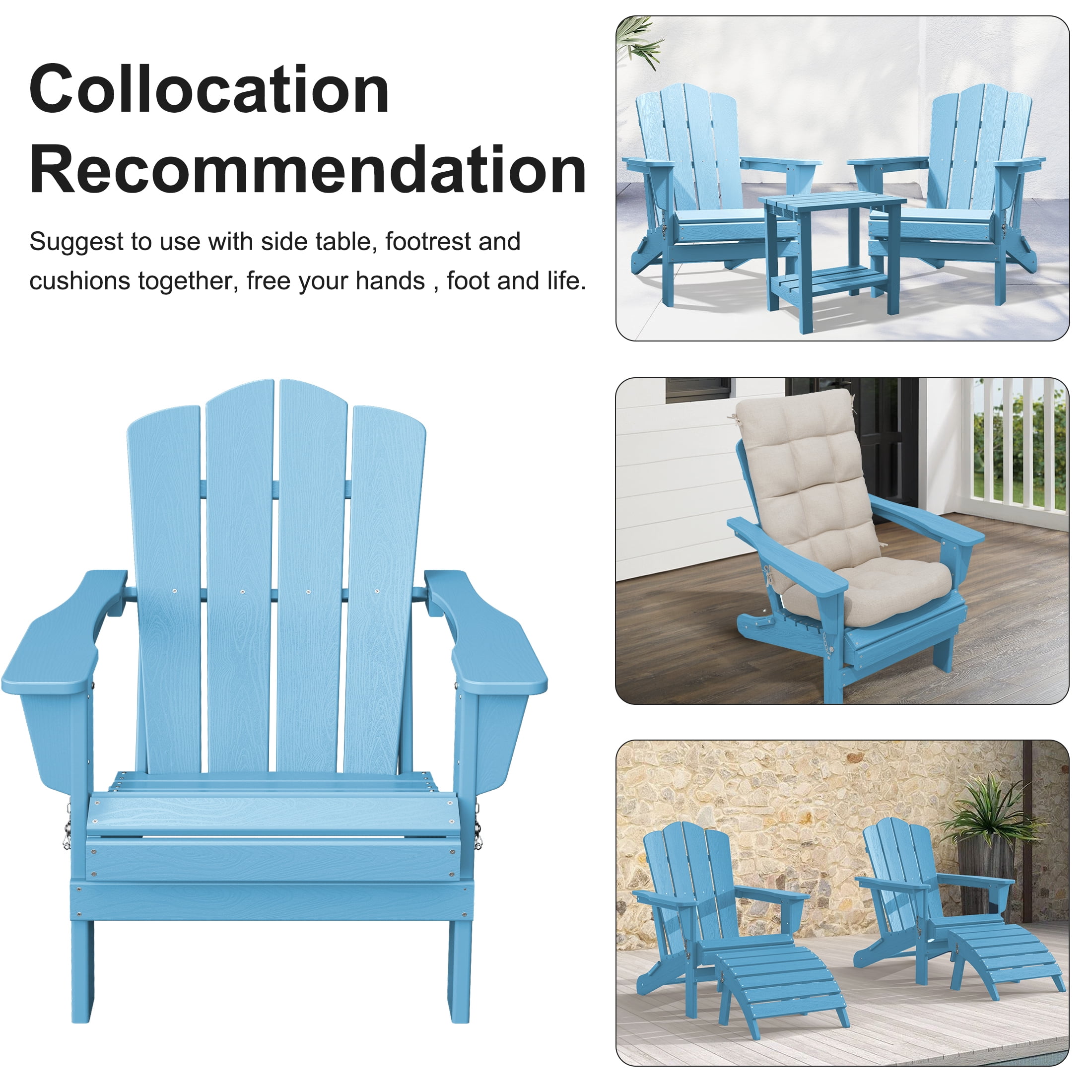 JUSTLET Adirondack Chair, Plastic Folding Outdoor Patio Chairs, Outside HDPE Chairs for Lawn, Yard, Light Blue