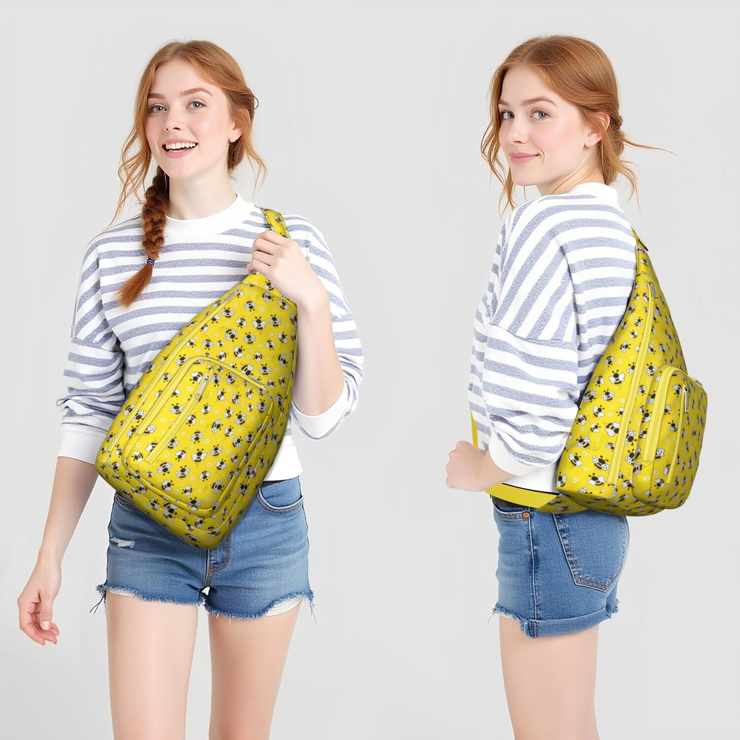 Cute Bee Print Sling Backpack – Colorful Cartoon Honeycomb & Floral Crossbody Bag for Travel & Hiking