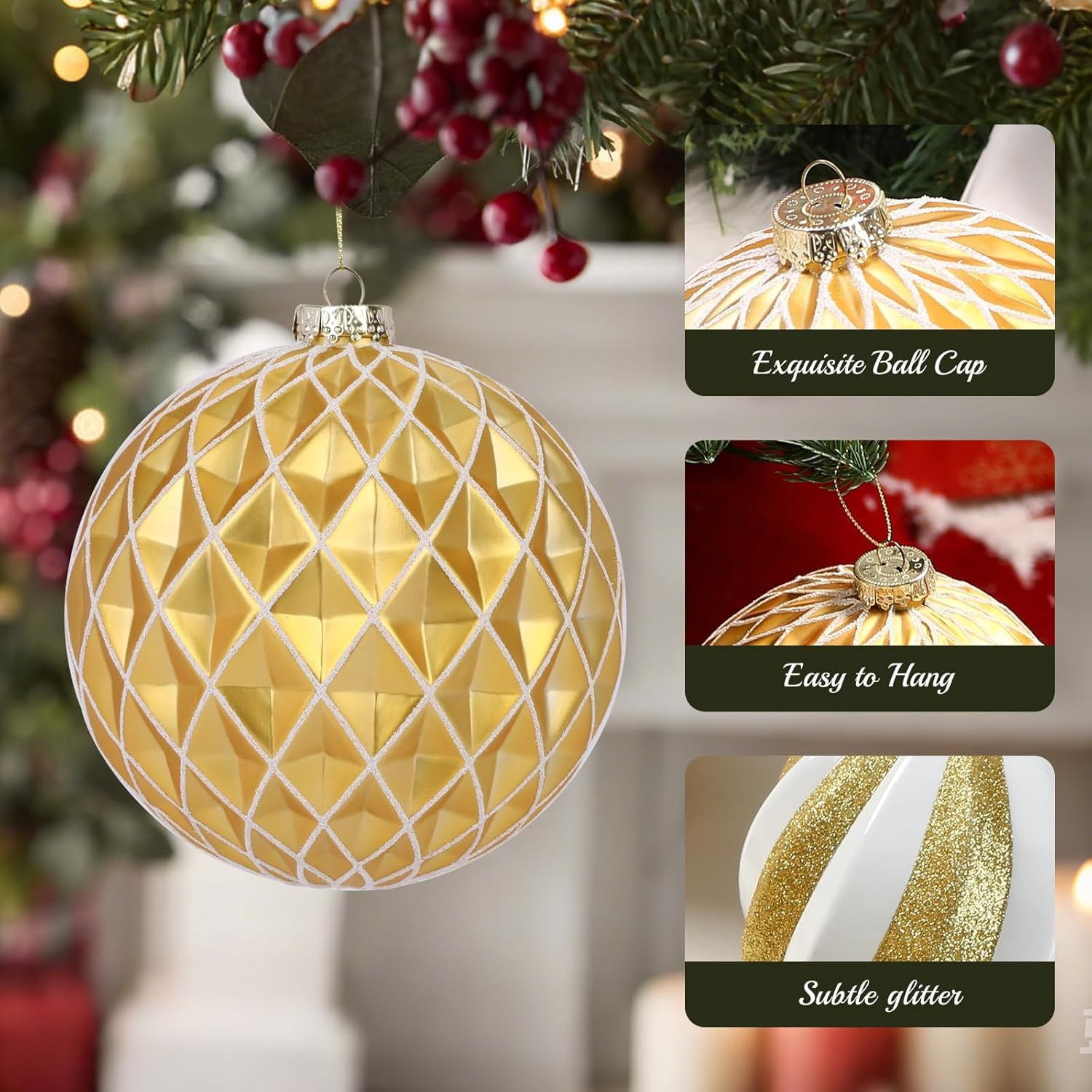 6"/150mm Large Christmas Ball Ornaments, 4Pcs Christmas Tree Decor, Shatterproof Hanging Decorations with Hooks, White & Silver Baubles for Xmas Tree, Wedding, Holiday and Party Decor
