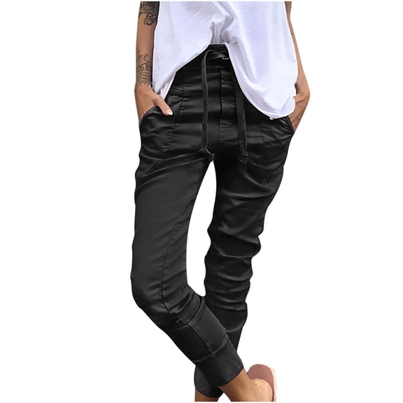 Bigersell Stretch Ripped Skinny Pants Full Length Pants Women Tight-Titting Solid Color Bandage Elastic Waist Casual Sports Pants Cute Distressed Pants