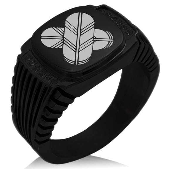 Stainless Steel Aso Samurai Crest CZ Ribbed Needle Stripe Pattern Biker Style Polished Ring