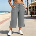 thumbnail image 2 of Cutuoiiu Plus Size Cropped Wide Leg Pants for Women Solid Color Elastic Drawstring Waist Mid Calf Pants With Side Pockets Split Hem Lightweight Summer Daily Walking Bottoms, 2 of 9