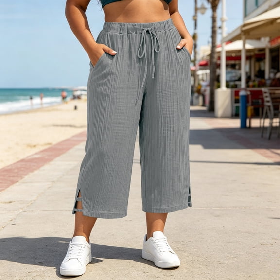 Xdegoge Wide Leg Capri Pants for Women Plus Size Casual Drawstring High Waisted Crinkle Culottes Summer Lightweight Side Slit Cropped Trousers with Pockets
