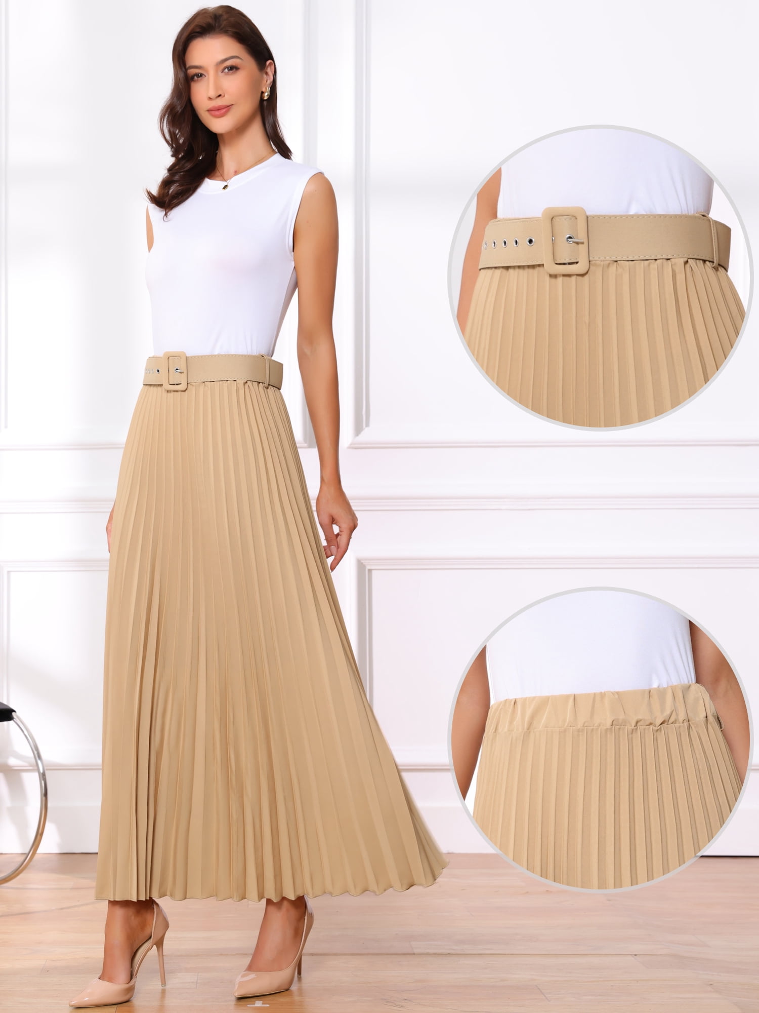 DARING DIVA Women's Elegnat Elastic High Waist Flowy A-Line Maxi Skirt XL Khaki