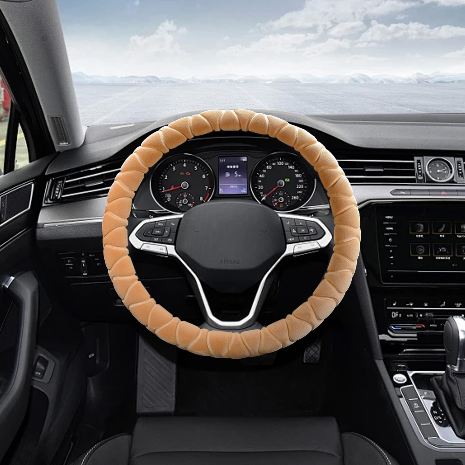 Kbndieu Car Steering Wheel Cover Women Man, Fluffy Plush for Winter Warm, Fuzzy Steering Wheel Protector, Universal 14-15 Inch, Soft & Non-Slip, Lovely Decor Winter Car Accessories (Beige)