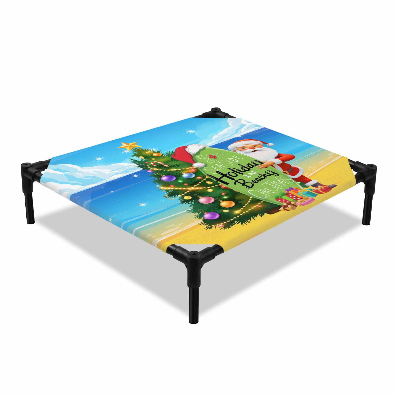 Coastal Santa Surfboard Elevated Dog Bed Christmas Tree Santa Claus on Summer Beach Cooling Breathable Outdoor Raised Dog Cot Bed with Metal Frame Non-Slip Feet for Small Dog 20x20in