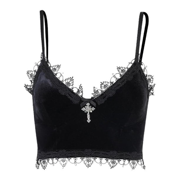 Tops cortos goticos para mujer camiso camiseta sin mangas chaleco ropa para discoteca ribete de encaje corse de tubo Negro Baoblaze Crop Tops