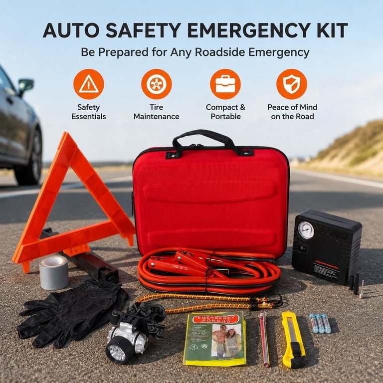 Auto Safety Emergency Kit, with portable air compressor, jumper cables ...