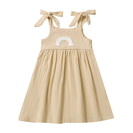 

Suanret Toddlers Girls Casual Summer Dress Infants Rainbow Pattern Tie-up Shoulder Strap Sleeveless Big Hem Skirt Beige 6-12 Months