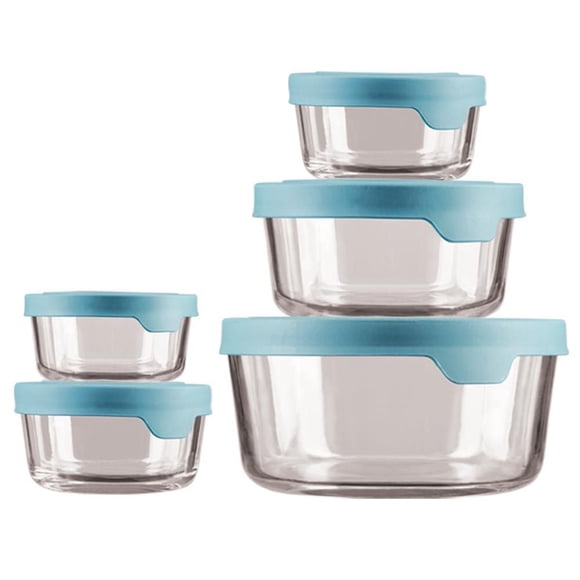 Ensemble de 10 contenants pour conservation d’aliments en verre ronds, avec couvercles TruSeal de couleur bleu minéral, Anchor Hocking