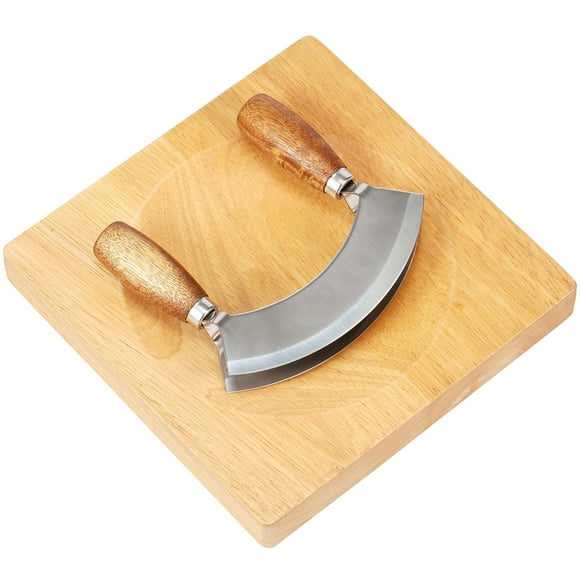 Mezzaluna Knife with Square Cutting Board Stainless Steel Ulu Knife Curved Double Blade Rocker Knife with Double Wood Handles for Efficient Mincing Nuts and Veggies