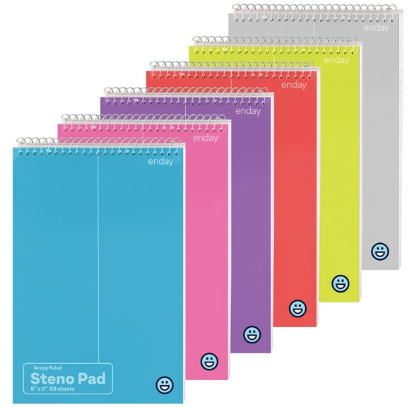 Enday Steno Pads Spiral 6 Pack, 6 x 9, 80 Sheets White Paper, Gregg Rule, Steno Notebook for writing, Assorted Colors, Pink, Purple, Green, Blue, Red, Grey