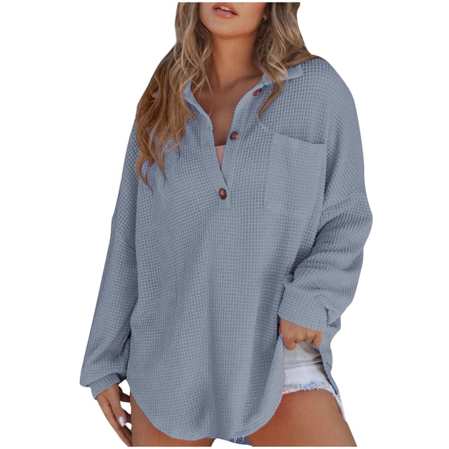cfhntfmh Womens Oversized Sweater Loose V Neck Buttons Knit Long Sleeve Shirts Solid Color Pullovers with Pockets