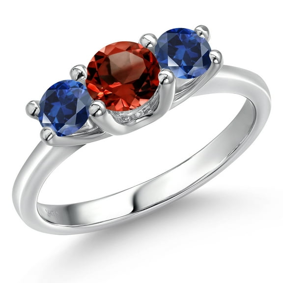 Gem Stone King 14K White Gold Red Garnet & Blue Created Sapphire 3-Stone Engagement Ring | 1.05 Cttw | Round 5MM and 4MM | Three Stone Wedding Anniversary Promise Ring for Women (Size 7)