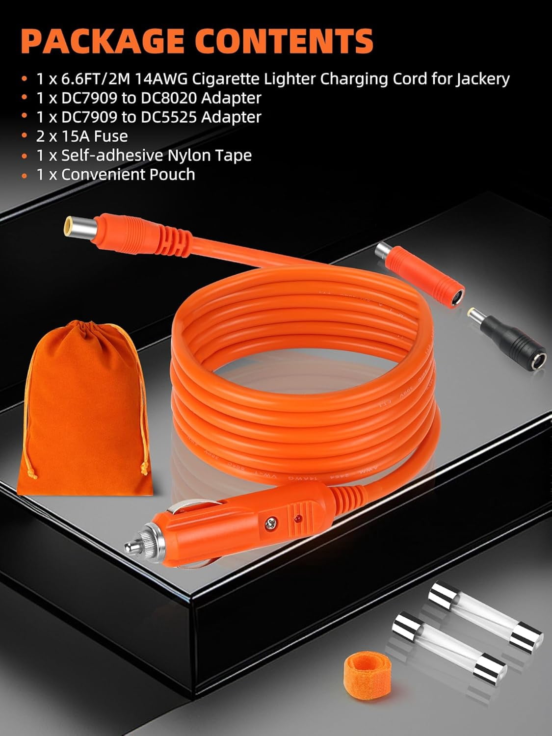QIANJIA 14AWG Car Charging Cable for Jackery Explorer 3000/2000/1500/1000/880/550/300, 6.6FT/2M Power Cord with 7909 to 8020/5525 Adapters - UL Certified for Portable Power Stations