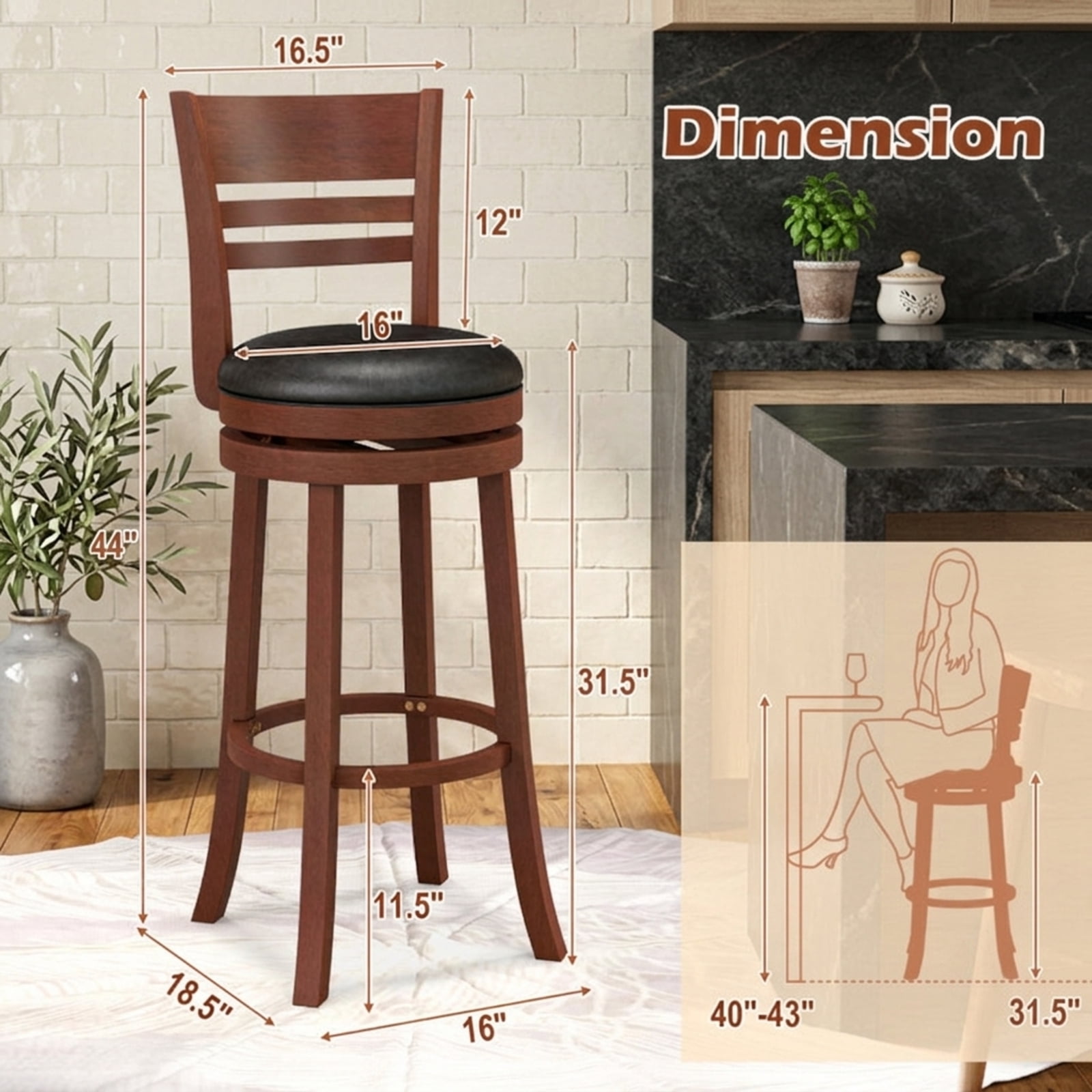 Furnibear Set of 2 360° Bar Stools with PU Upholstered Seats for Kitchen Island Counter Bar Pub Dining Home, Brown