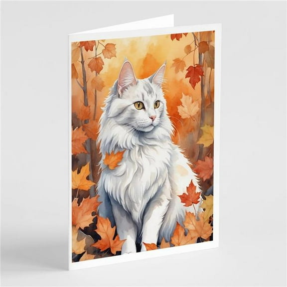 Carolines Treasures DAC7182GCA7P 5 x 7 in. Turkish Angora Cat in Fall Leaves Greeting Cards - Pack of 8
