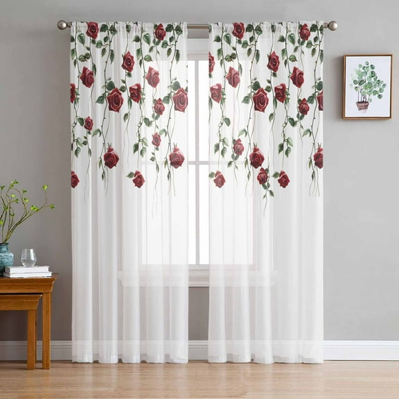 Red Roses Sheer Curtains 96 Inch Length 2 Panels Set for Living Room/Bedroom, Spring Floral Summer Botanical Weeping Semi Curtain Sheers Drapes Rod Pocket Curtains Window Treatment Set 52''x96''x2